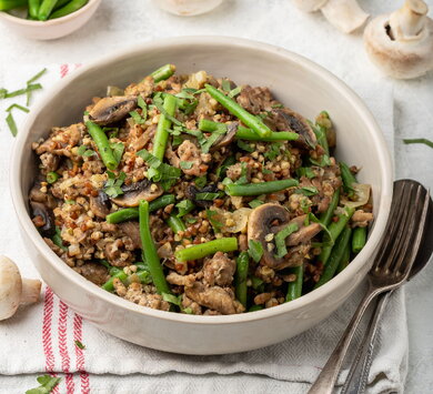 Groats with turkey, green beans and mushrooms