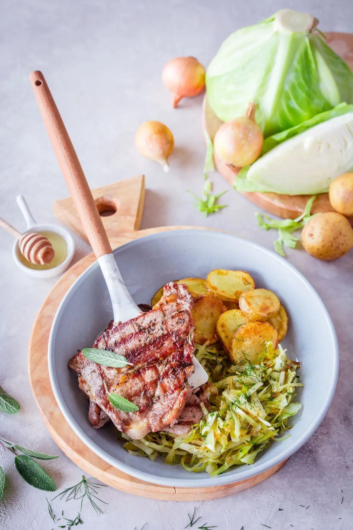 Juicy pork neck in caramelised cabbage